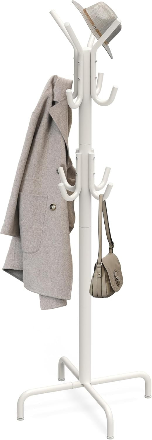 White Metal Standing Coat Rack | 12 Hook Freestanding Clothes & Hat Organizer