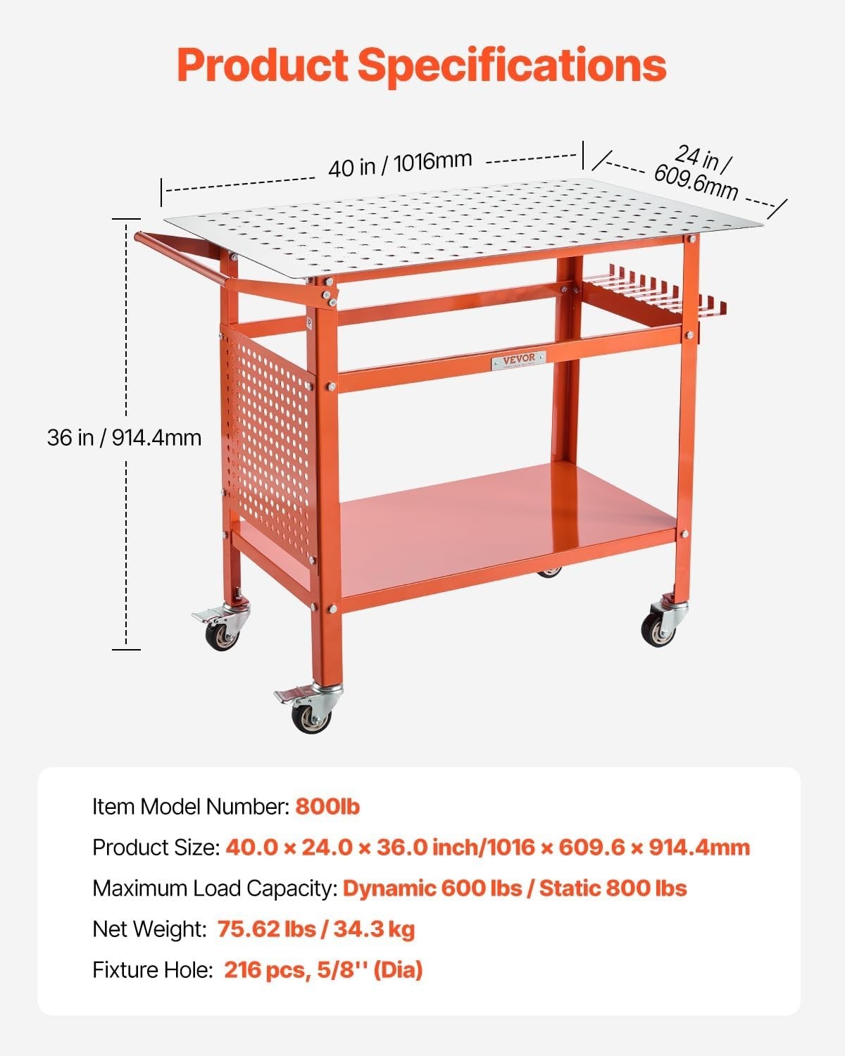Welding Table 40"x24" 800lbs Capacity Mobile Workbench 5/8" Holes Storage