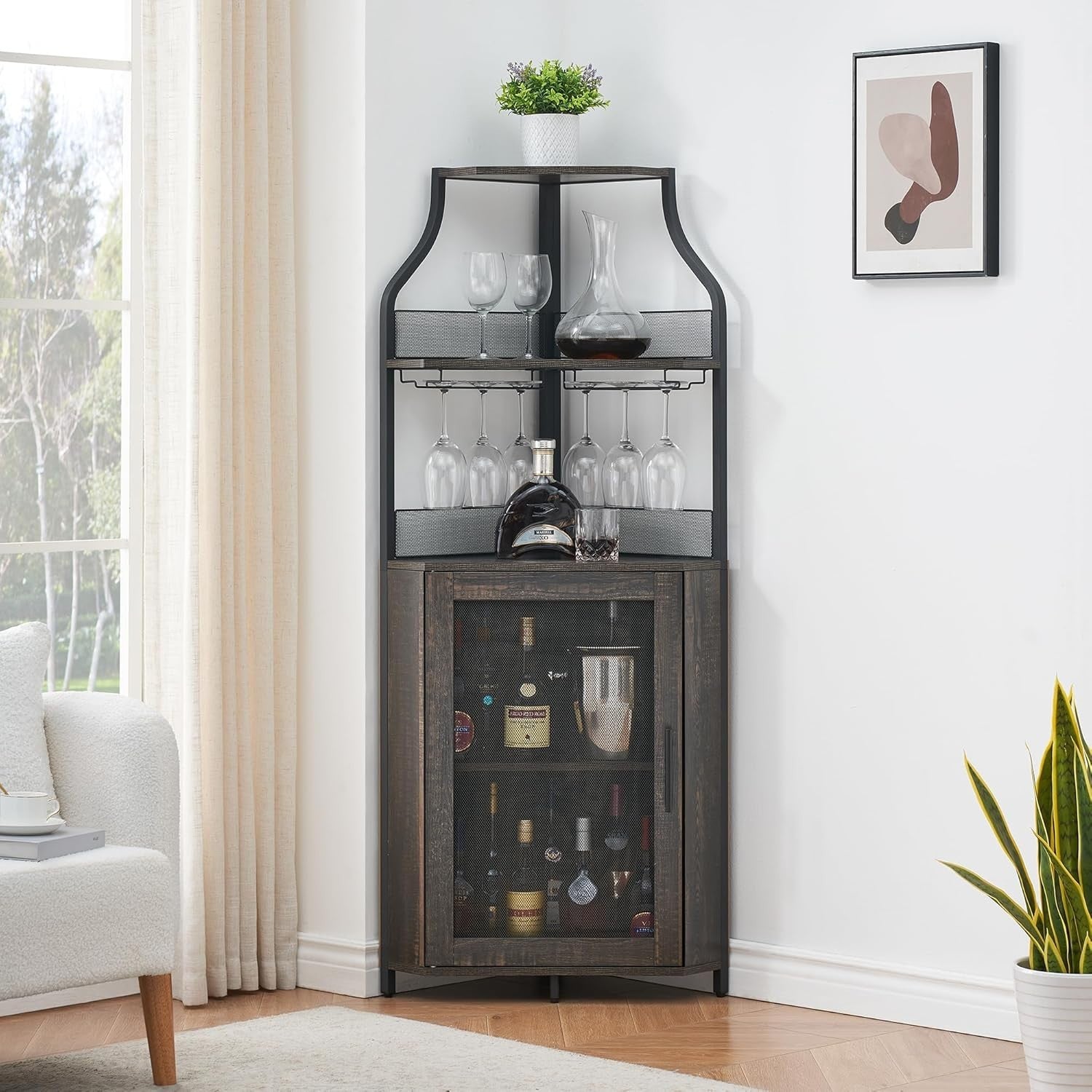 Tall Corner Bar Cabinet with Wine Rack & Glass Holder, 5-Tier Liquor Storage