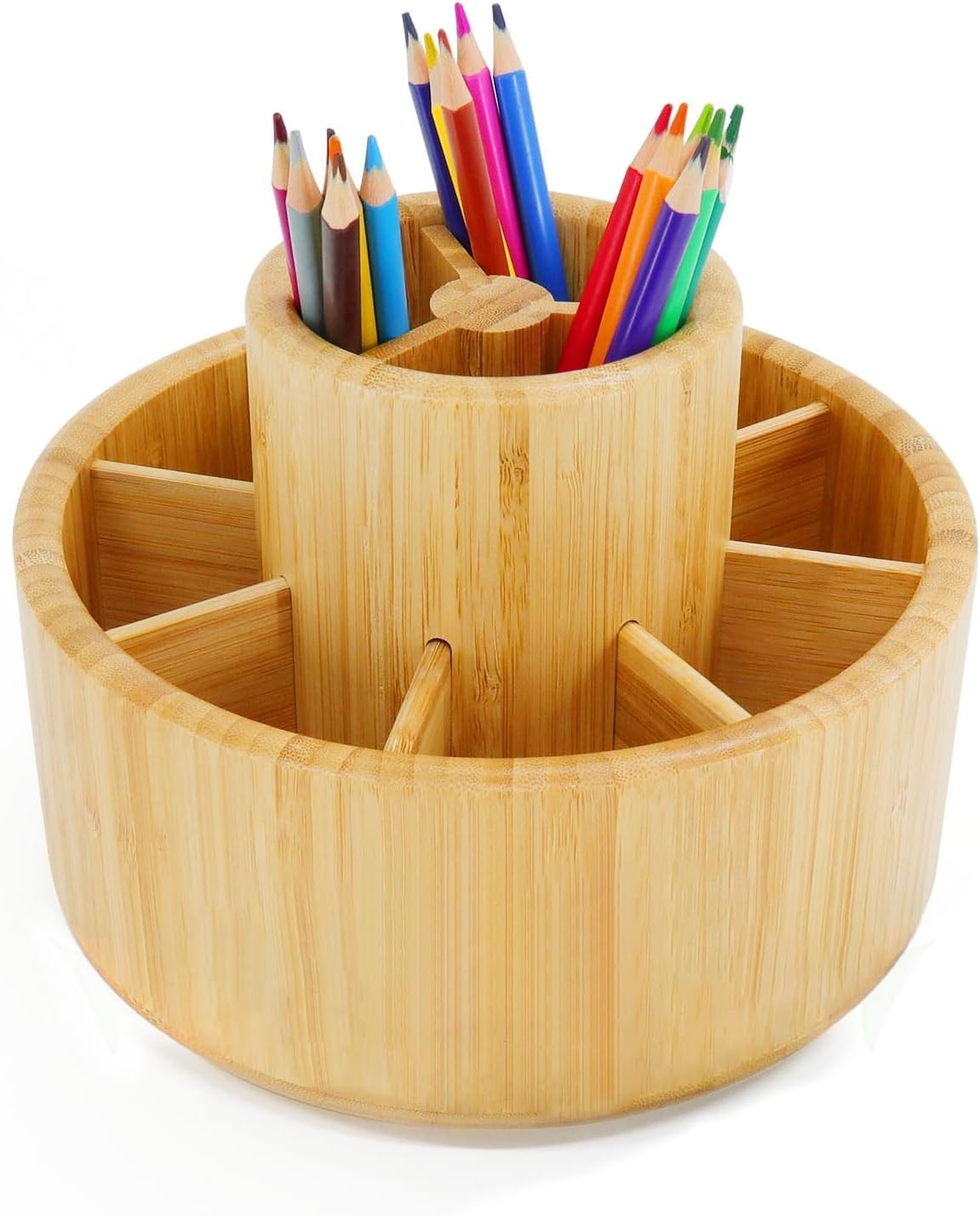 Rotating Bamboo Desk Organizer 11 Compartments Large Pen & Art Holder