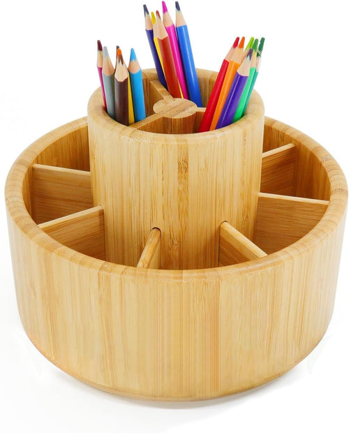 Rotating Bamboo Desk Organizer 11 Compartments Large Pen & Art Holder