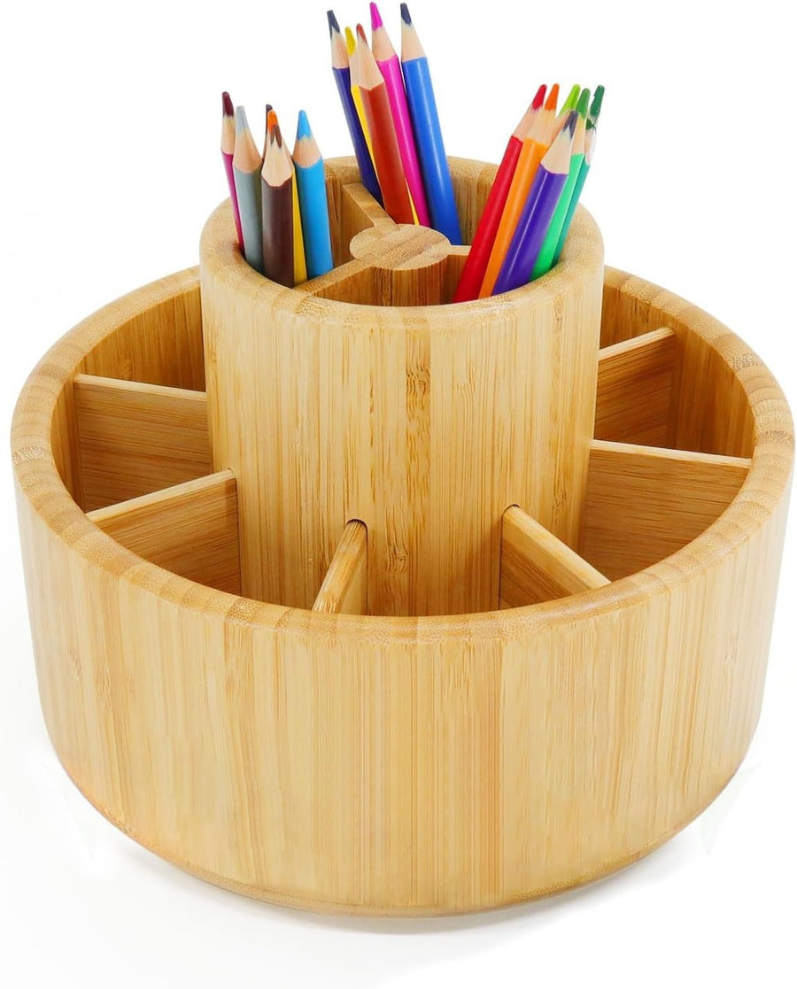Rotating Bamboo Desk Organizer 11 Compartments Large Pen & Art Holder