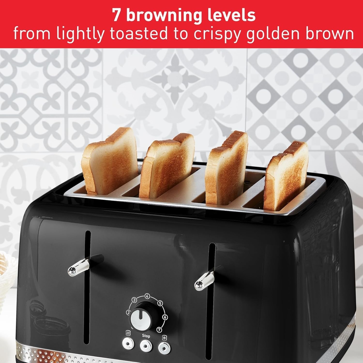 4-Slice Black Toaster, 7 Browning Levels, Wide Slots, Defrost & Reheat