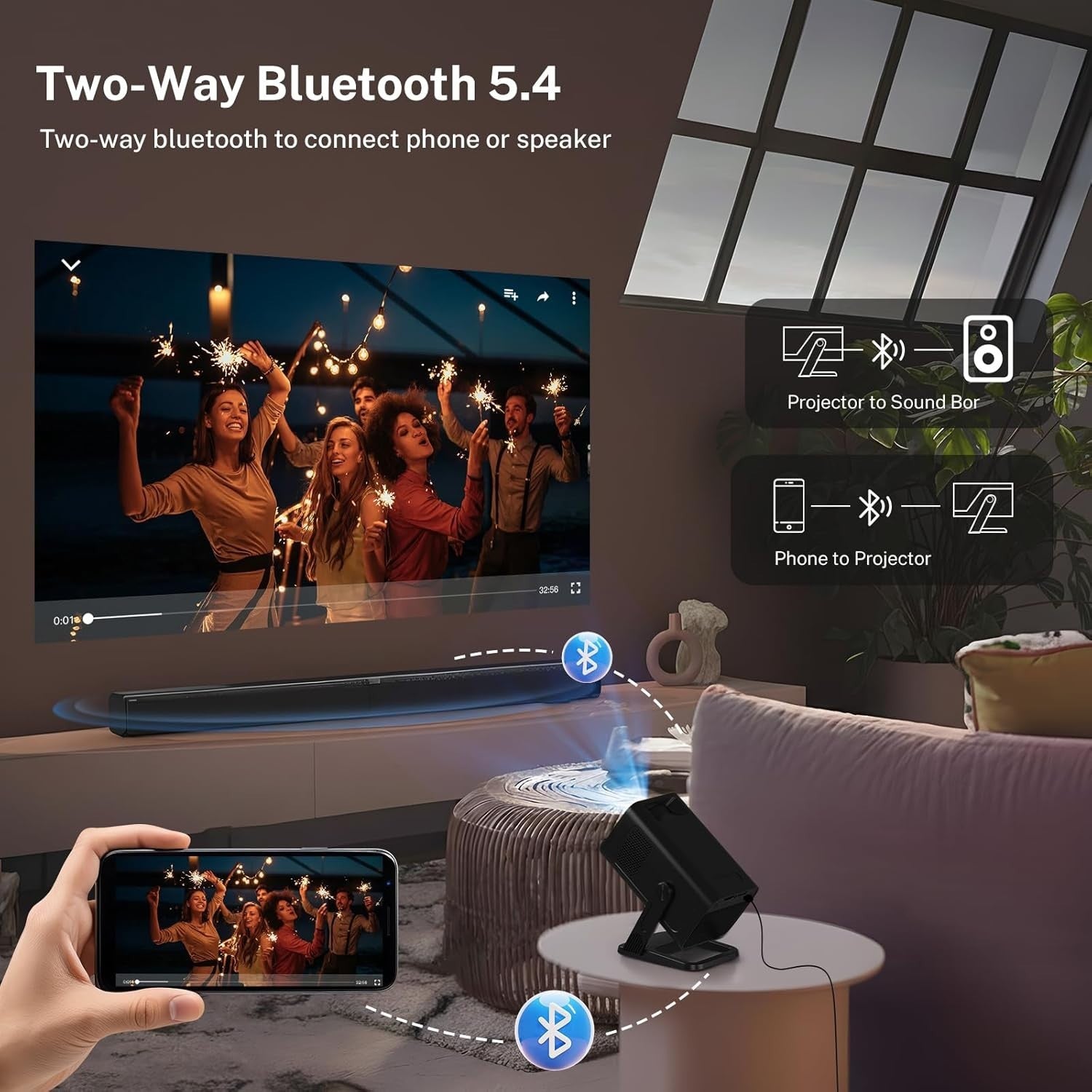 Mini 1080P Smart Projector WiFi 6 Bluetooth 5.4 Android Ceiling