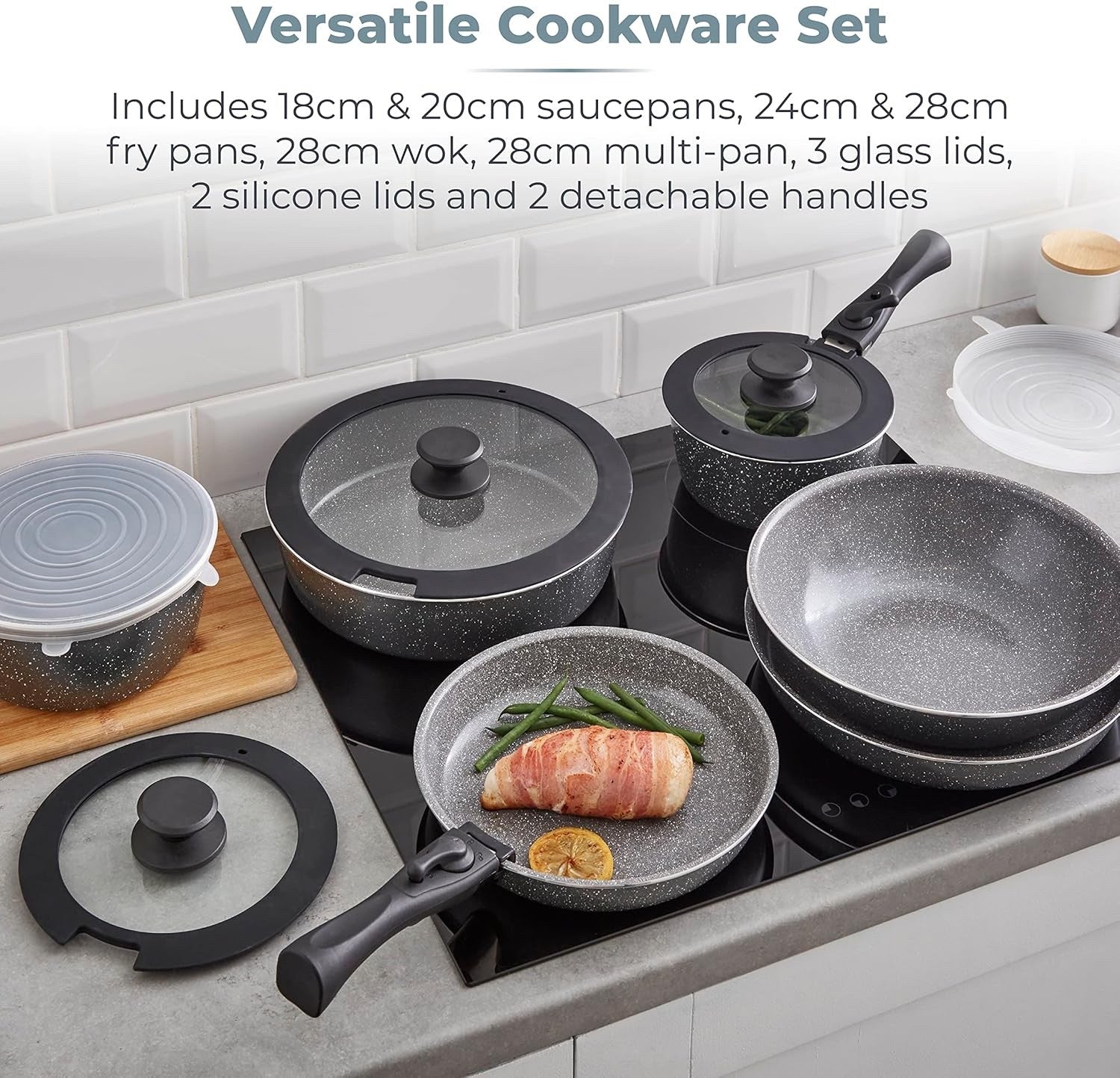 13pcs Graphite Non Stick Cookware Set  Stackable Pans with Detachable Handle