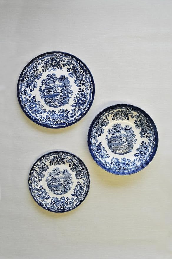 12pc Blue White Dinnerware Set Classic Floral Plates Bowls Service for 4