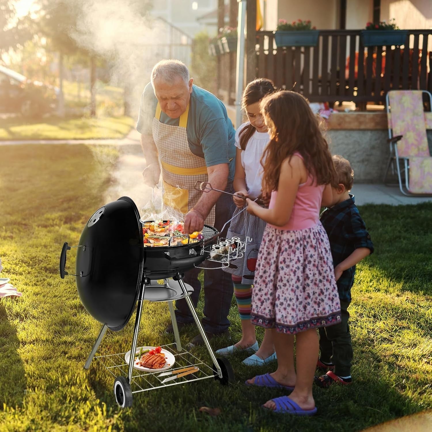 Large Charcoal BBQ Grill with Wheels & Thermometer, 28" Kettle Outdoor Garden