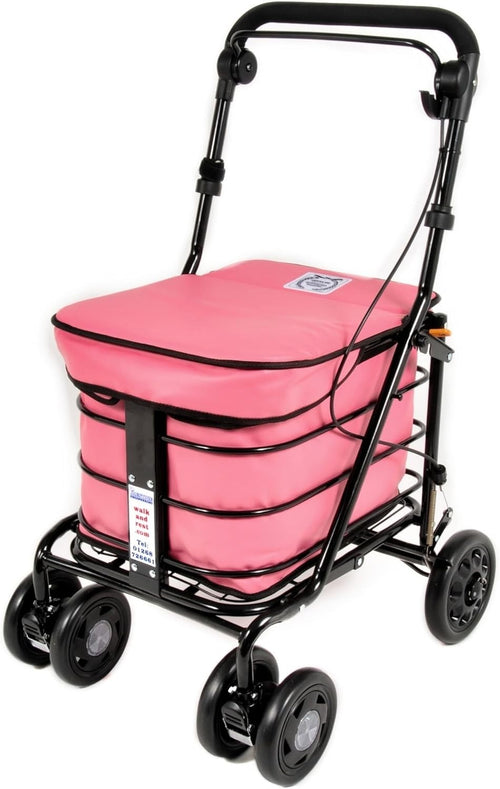 Folding Seated Mobility Shopper Trolley Handbrake 6 Wheels Pink