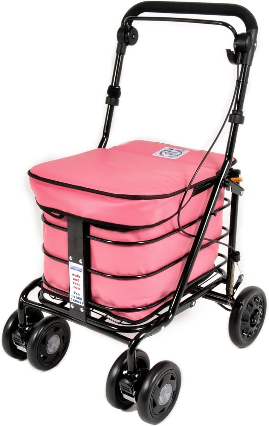 Folding Seated Mobility Shopper Trolley Handbrake 6 Wheels Pink