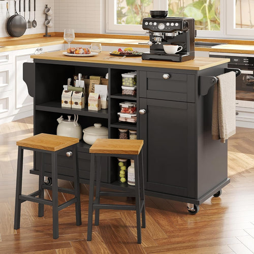 Kitchen Island on Wheels with Drawers & Cupboards, 129cm Black Unit