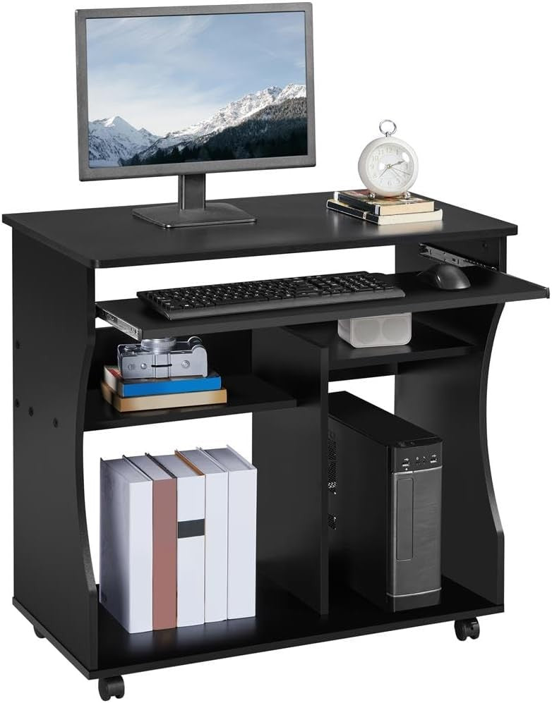 Compact Computer Desk on Wheels with Keyboard Tray Storage Shelves Small Office