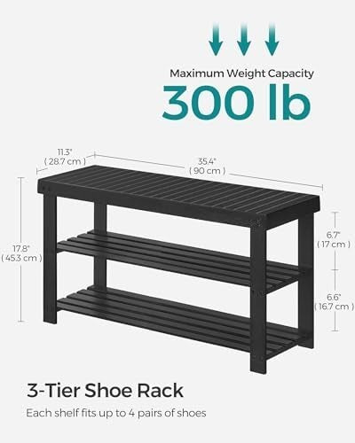 Black Bamboo 3-Tier Shoe Bench | Entryway, Hallway & Bedroom Organizer