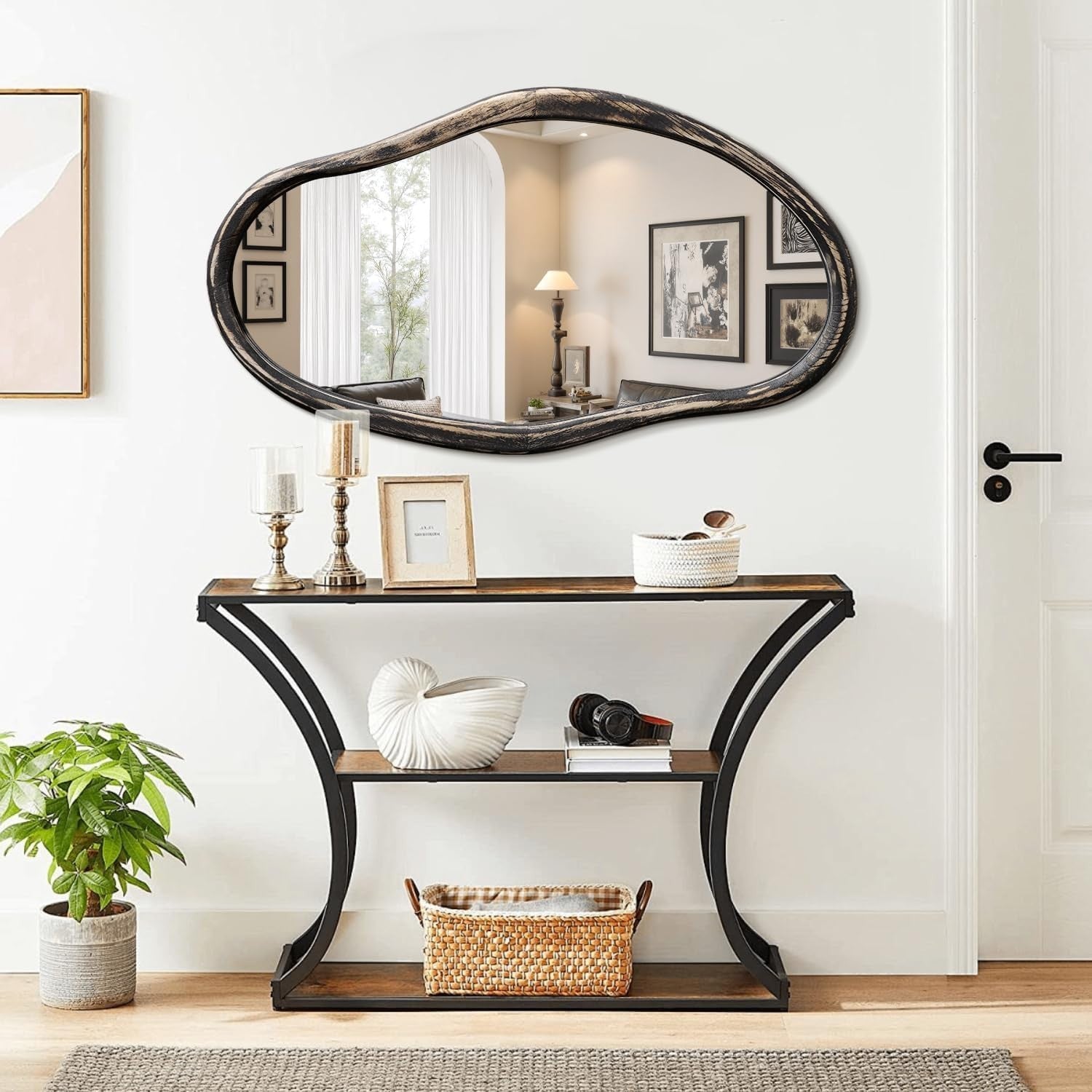 90x60cm Irregular Wall Mirror Rustic Black Modern Bathroom Hallway Decor