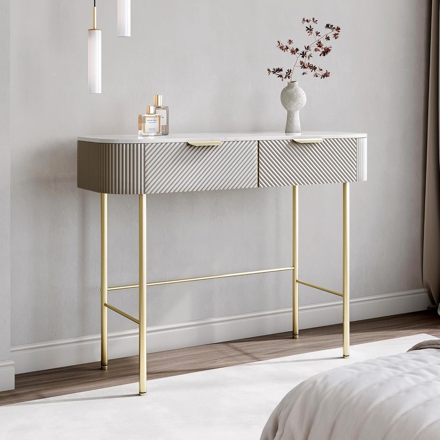 Modern Console Dressing Table Gold Legs 2 Drawer Mocha Marble Effect Finish