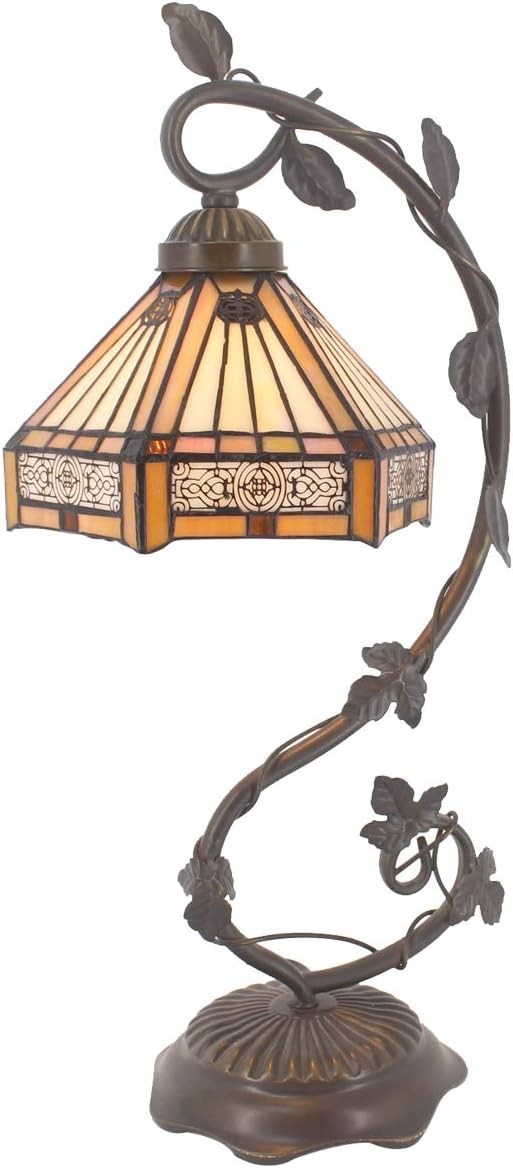 Stained Glass Tiffany Desk Lamp Antique Metal Leaf Base Bedside Reading Light