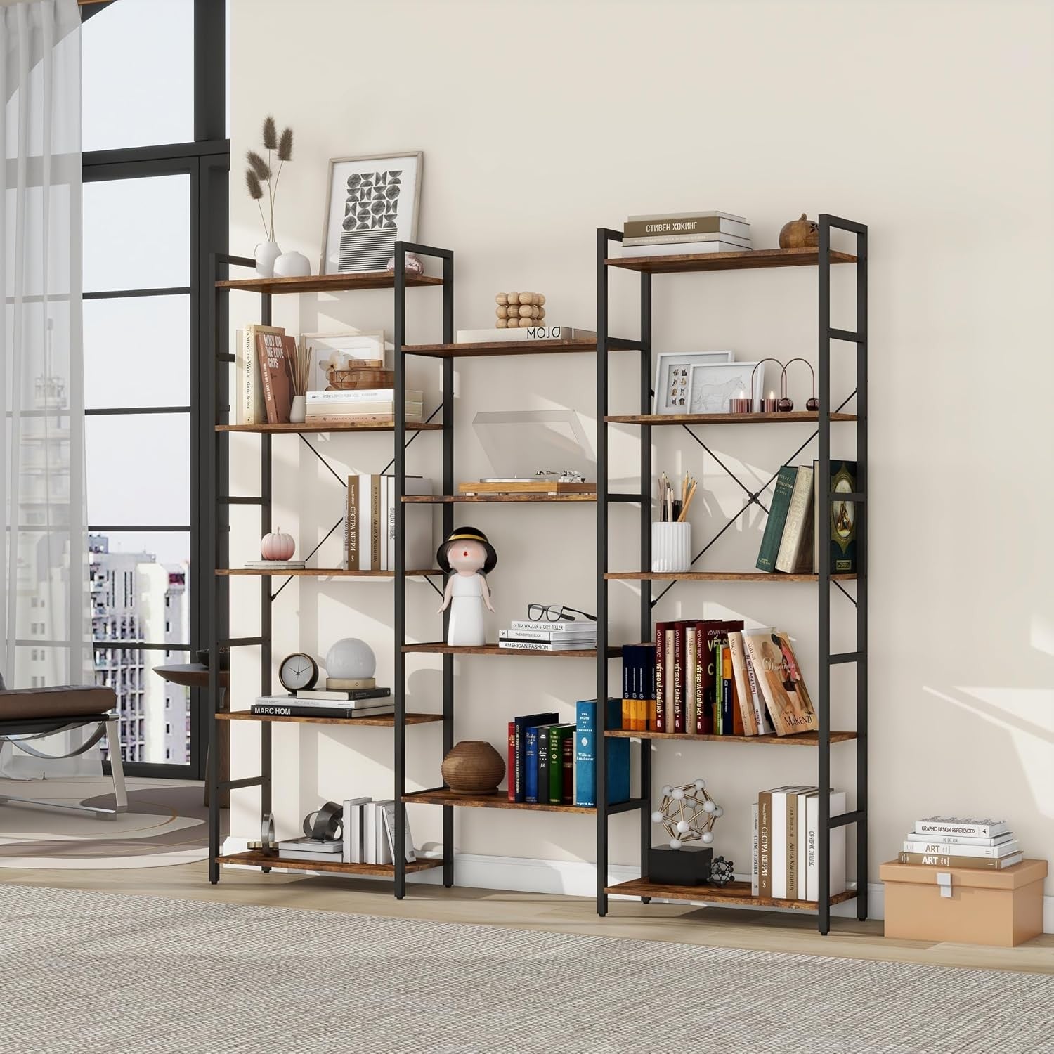 Industrial 5 Tier Bookcase Metal Frame Wooden Shelving Unit Display Storage