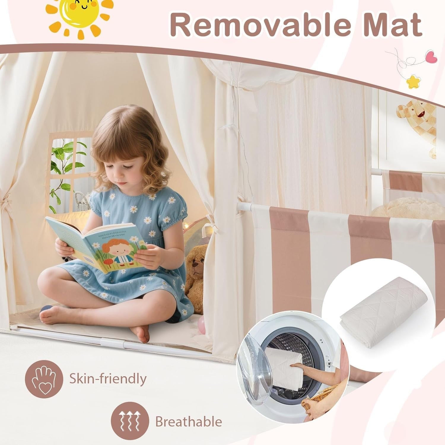 Kids Play Tent Beige Coffee Castle with Lights Mat Indoor Toddler Playhouse