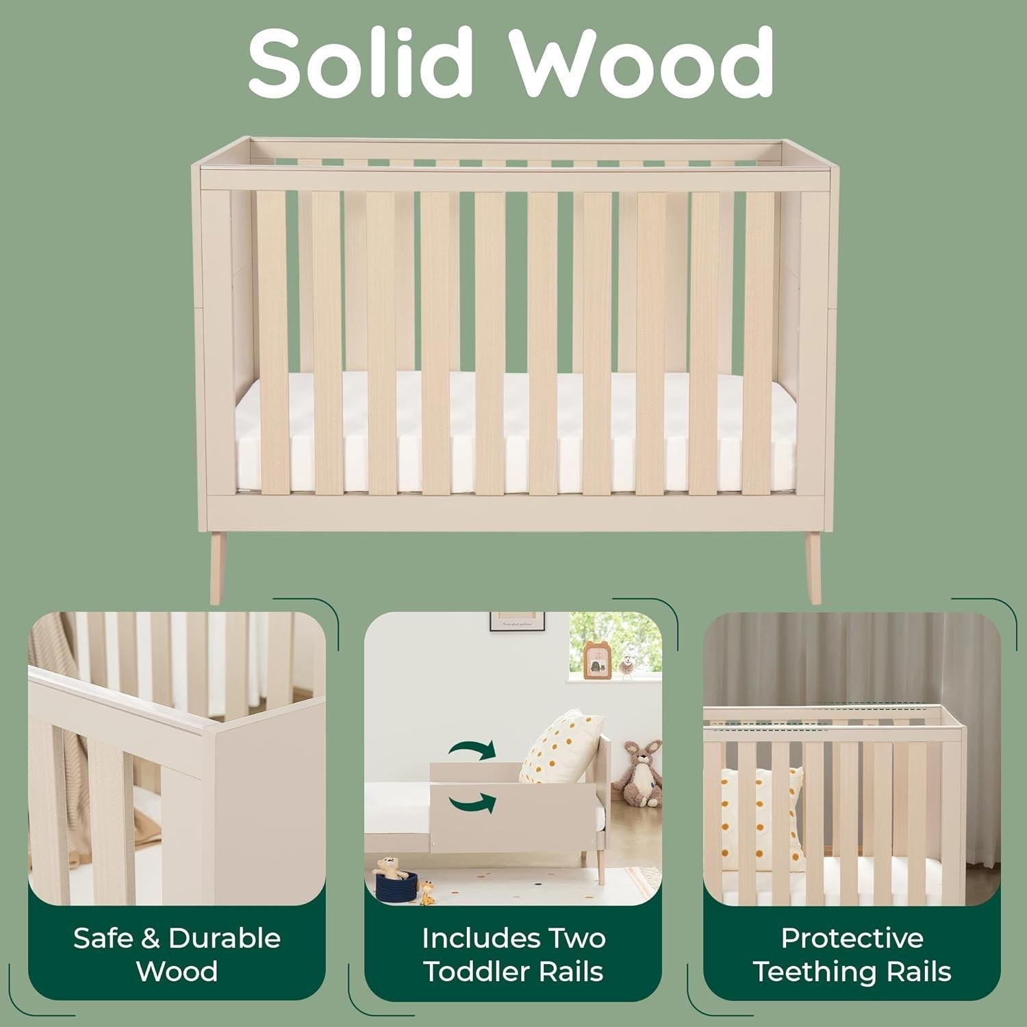Convertible Mini Toddler Bed Baby Cot Bed Adjustable Height with Teething Rails