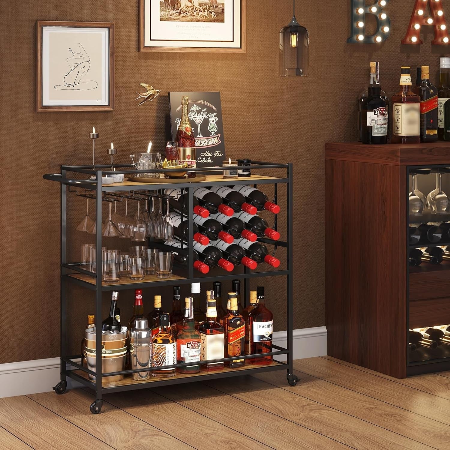 3 Tier Bar Cart Drinks Trolley with Wine Rack & Glass Holder Rustic Serving Unit