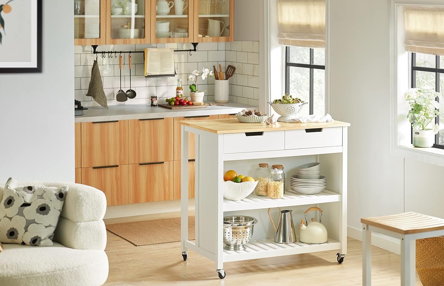 Kitchen Island Cart on Wheels with Drawers Shelves Solid Wood Top