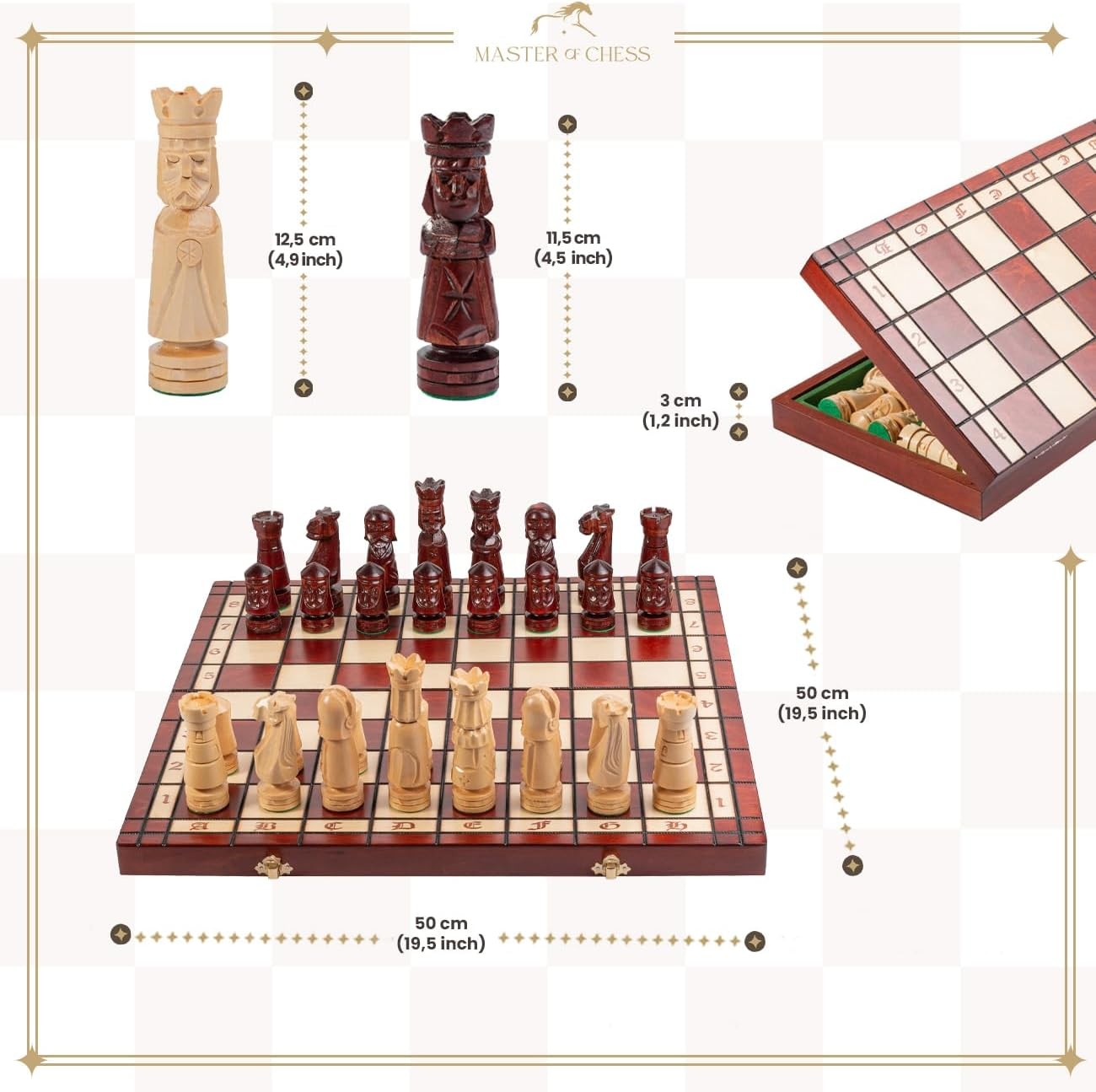 50cm Luxury Inlaid Wooden Chess Set – Handcrafted Folding Board & Tall Weighted