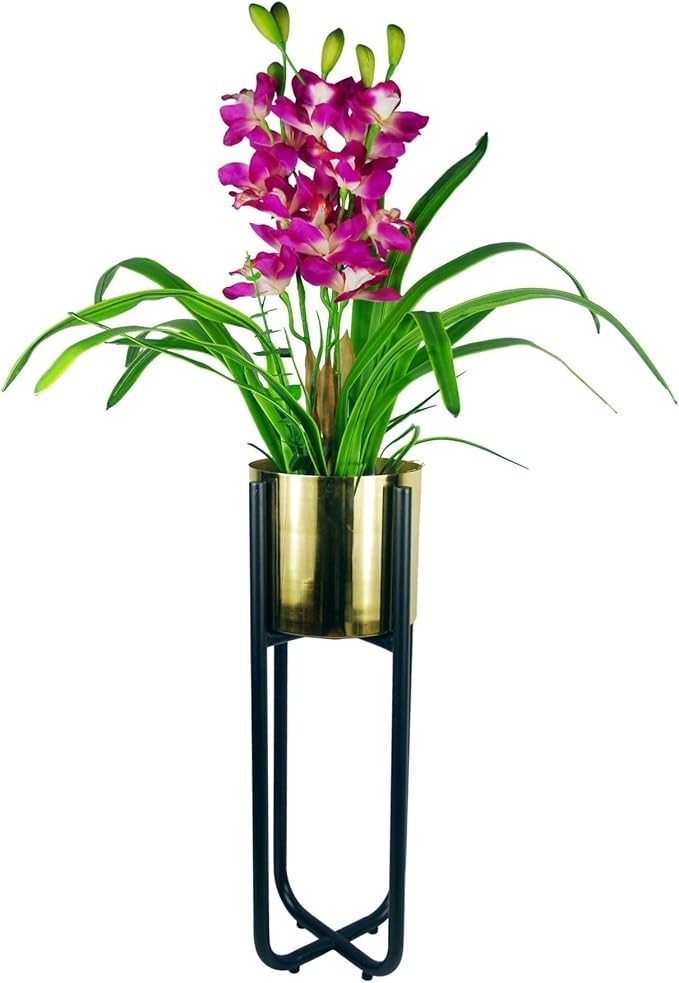 Tall Black Metal Plant Stand with Copper Planter 62cm Modern Home Decor
