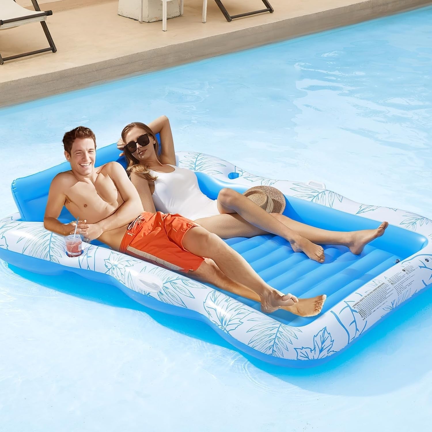 XL Inflatable Pool Lounger Float Adult Sun Tanning Raft w Cup Holders