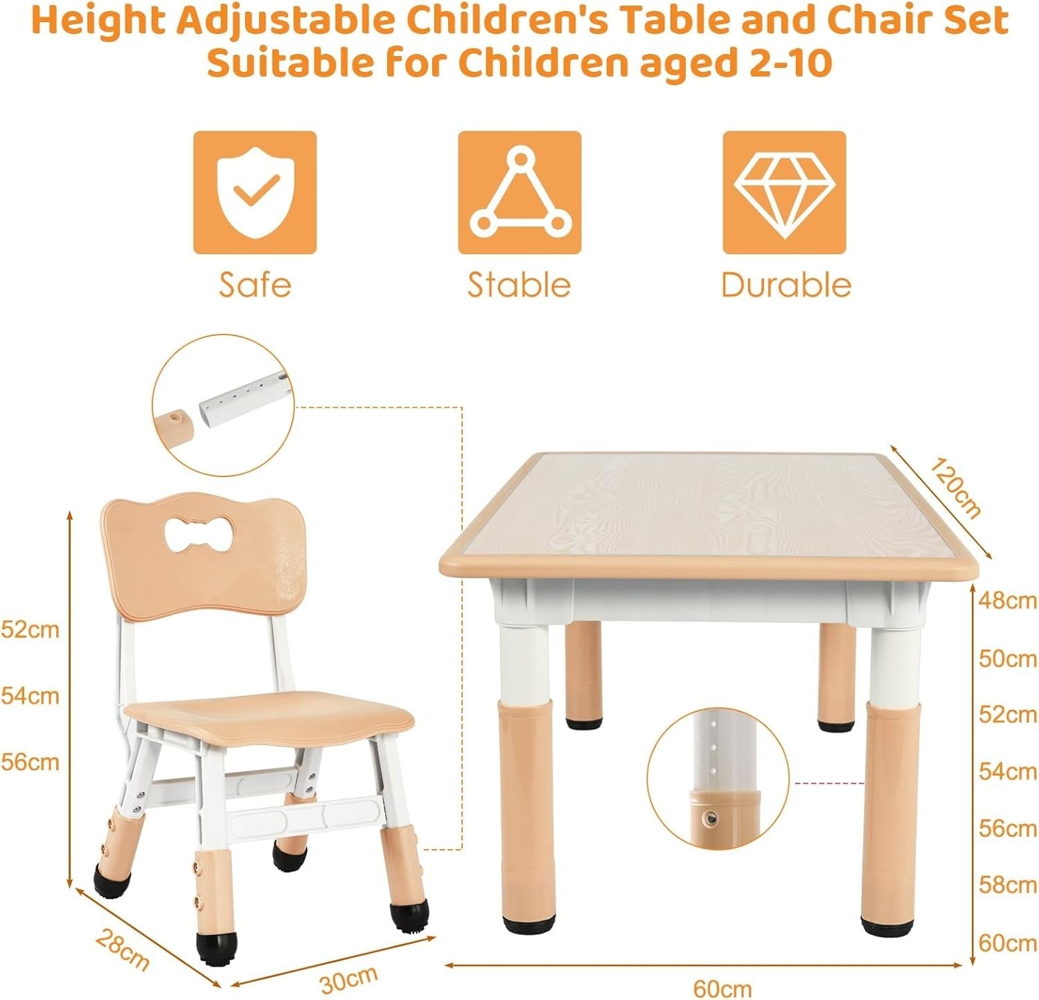 Kids Table and 4 Chairs Set Adjustable Height Durable Plastic Kids Furniture Yel