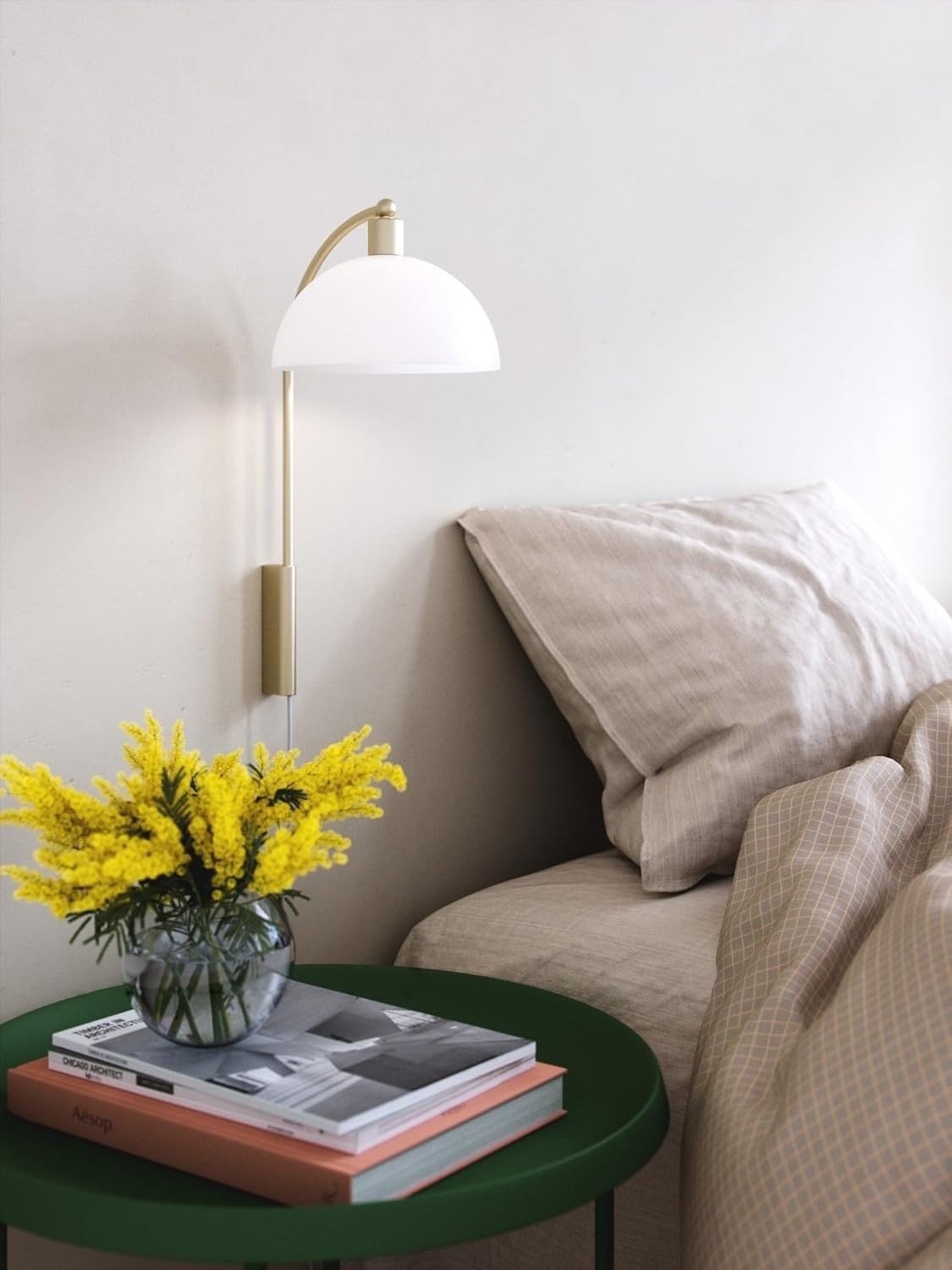 Modern Brass Indoor Wall Light Sconce, Plug-in LED, Bedroom & Kitchen