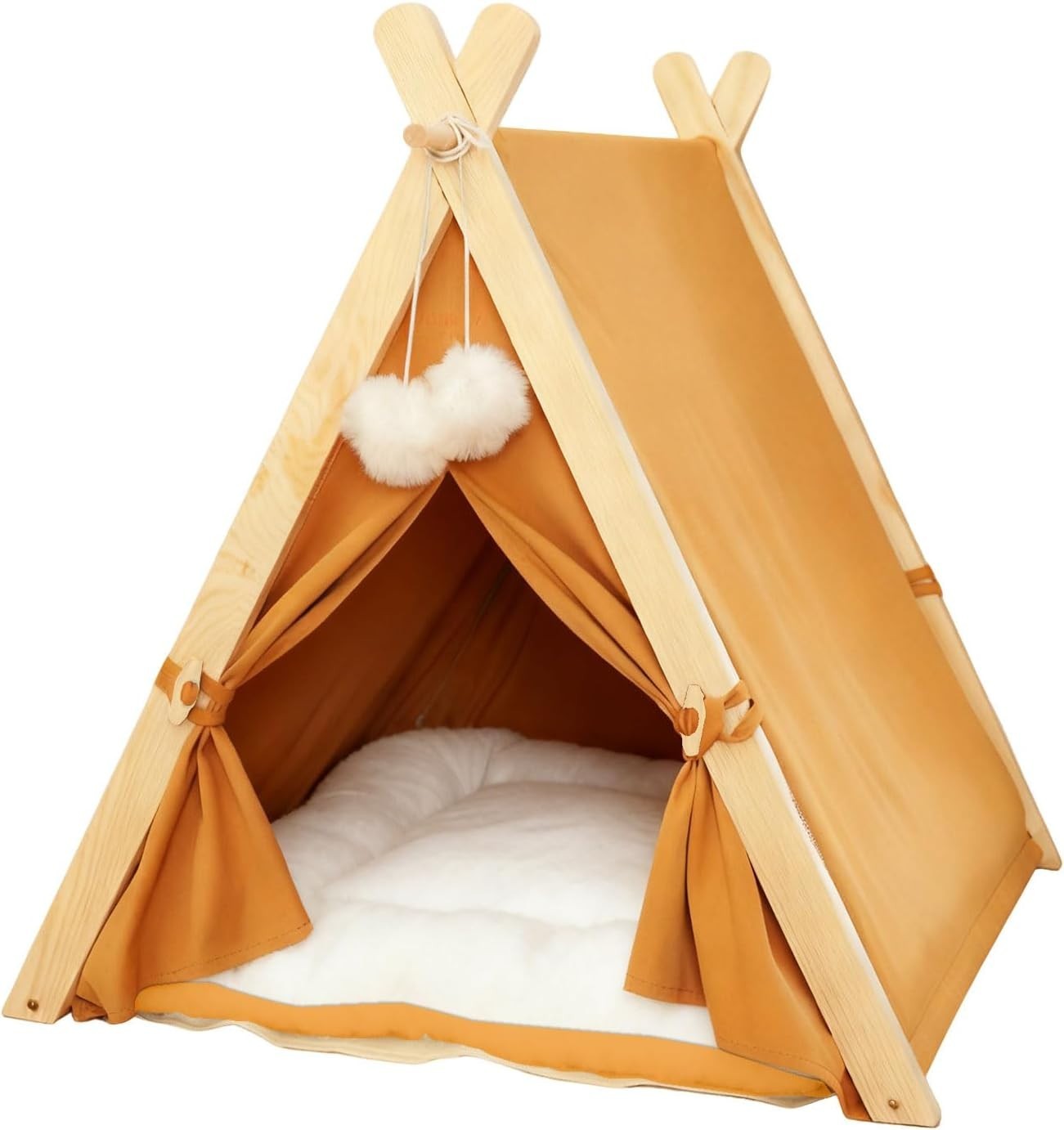 Wooden Pet Teepee Tent Cat Dog House w Cushion Indoor Shelter Yellow