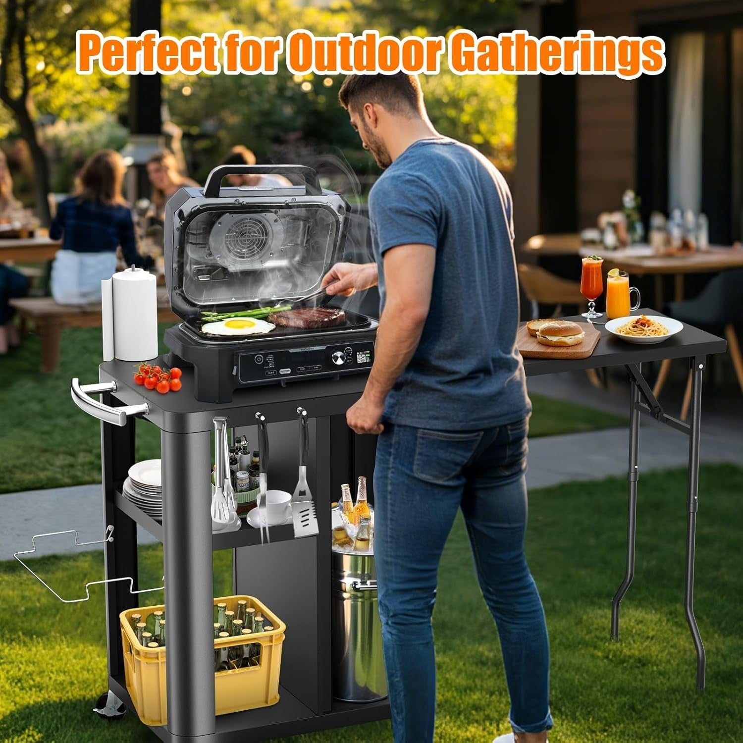 Outdoor BBQ Grill Cart Table with Foldable Side Table Storage Hooks Wheels Black