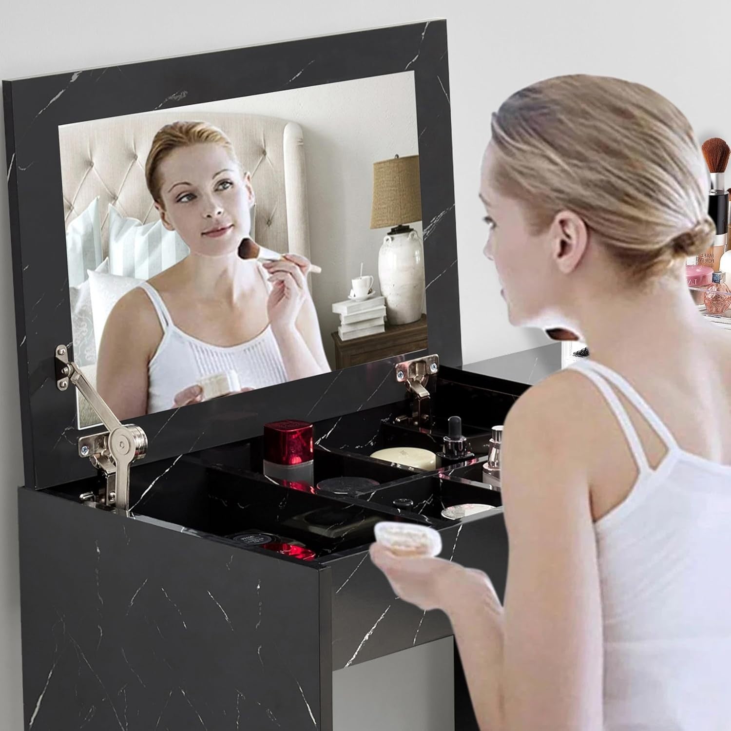 2-in-1 Vanity Desk Makeup Table Flip Mirror Storage Stool Black Marble Wood