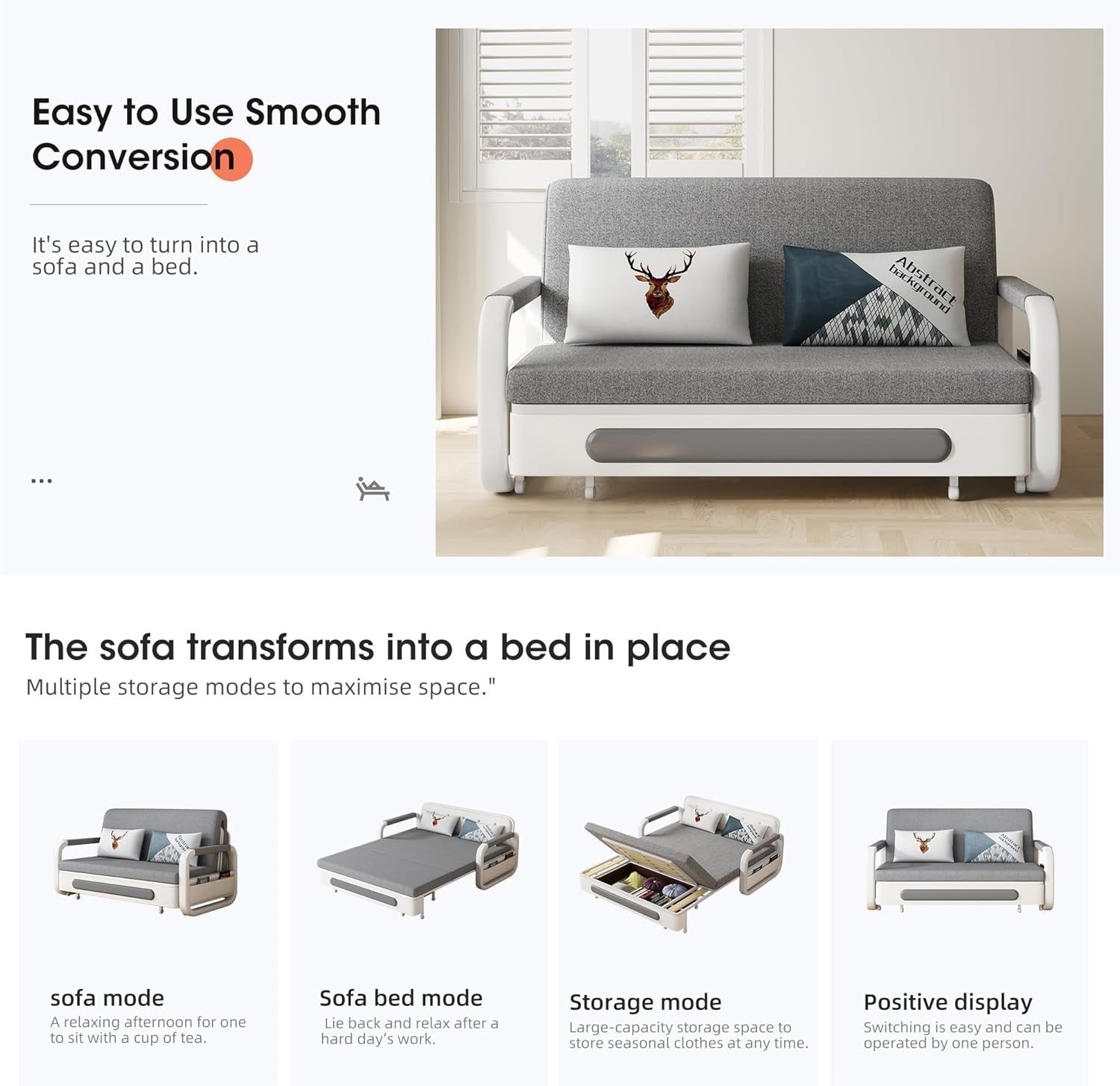 Convertible Sofa Bed Storage Futon Small Spaces Guest Room Grey Modern