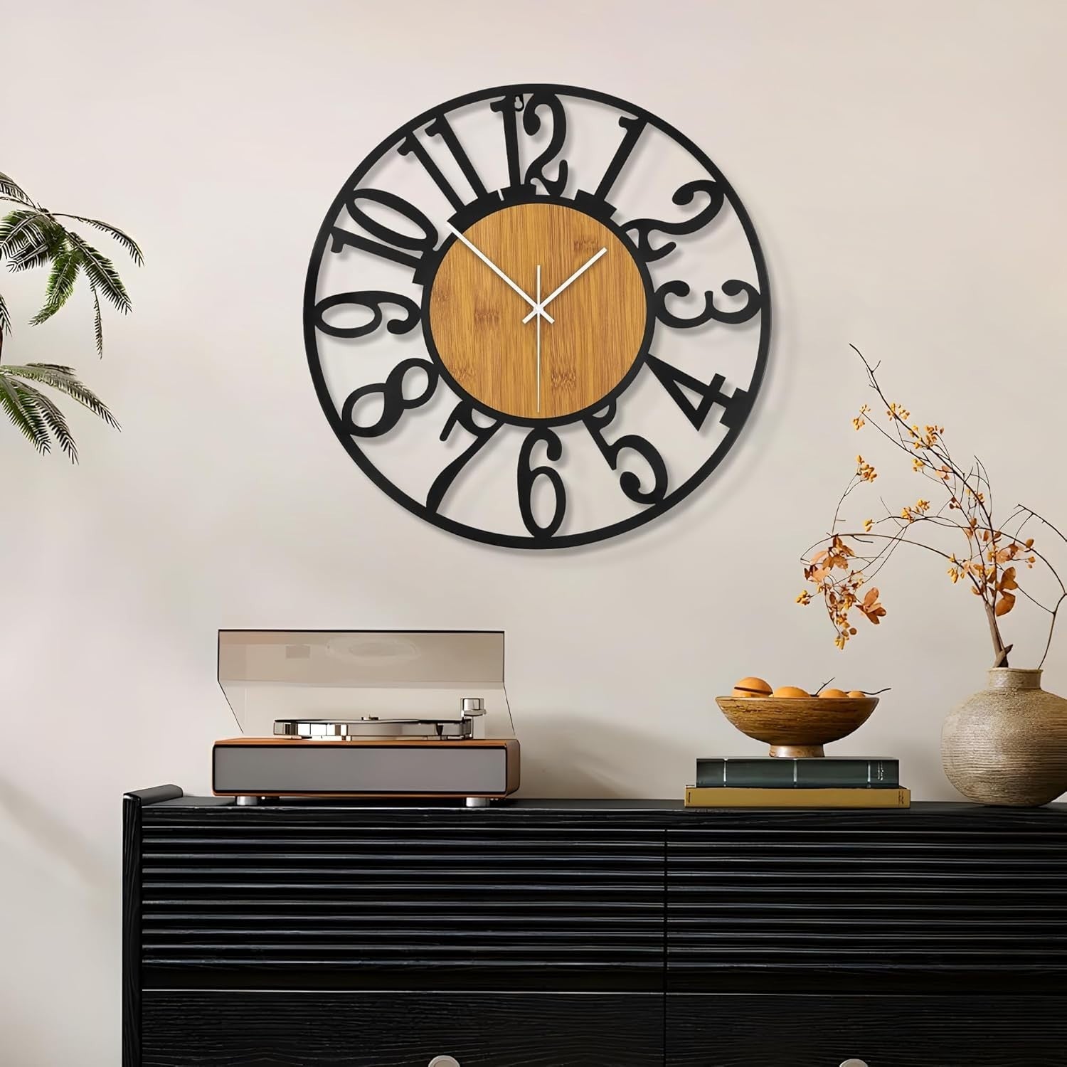 Large 32IN Silent Wall Clock - Modern Wooden Metal Decor, Battery Operated