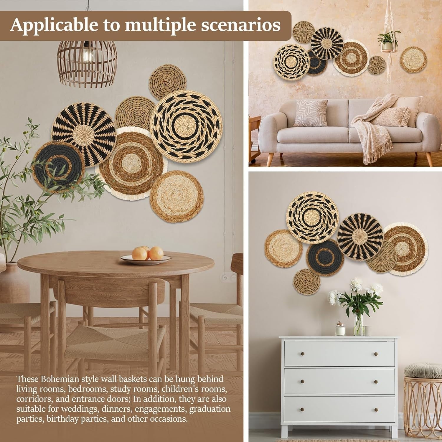 7pcs Boho Woven Wall Basket Decor Round Seagrass Set