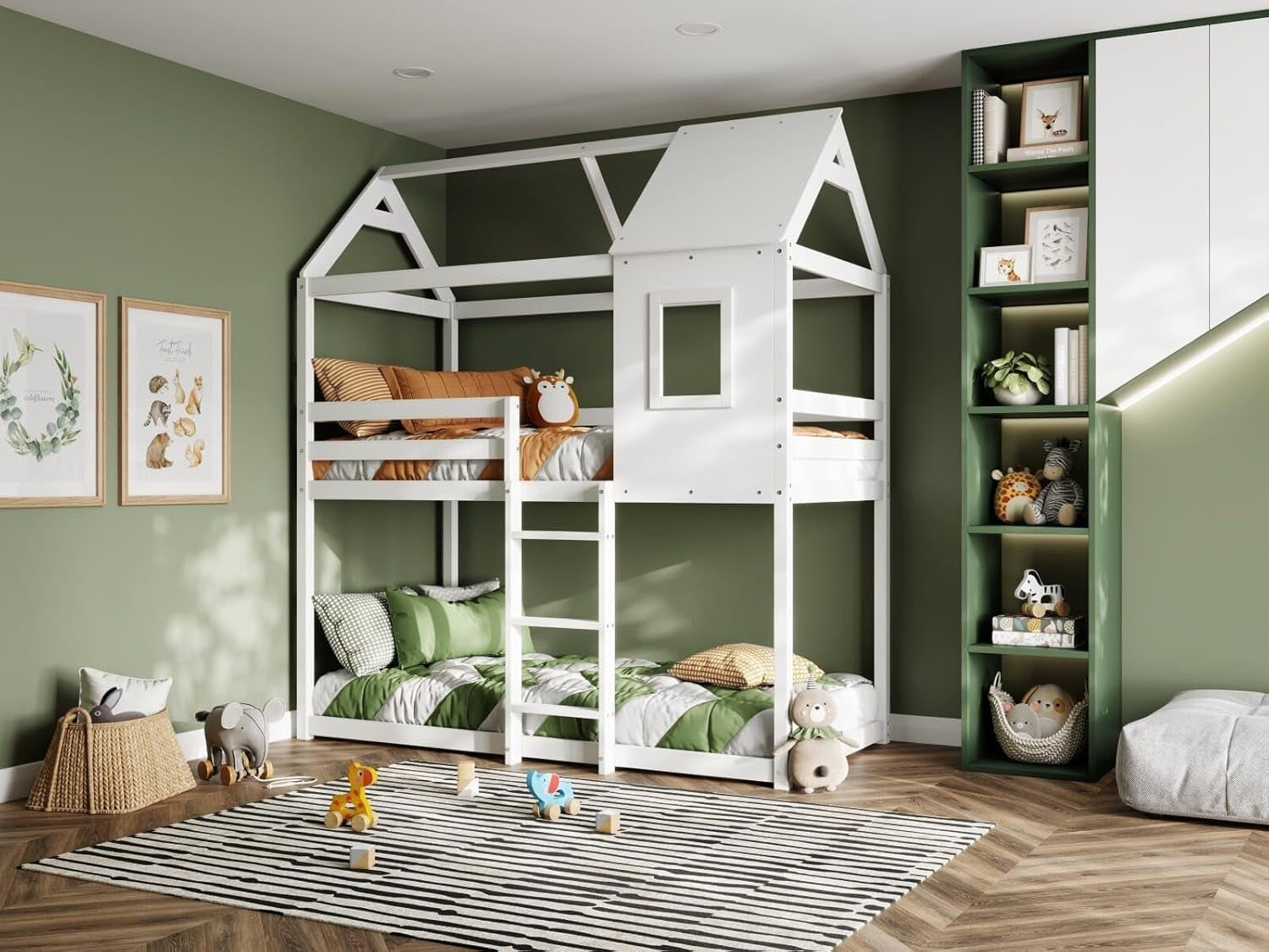 White Wooden Treehouse Bunk Bed Single Kids Safe Loft Bed w/ Storage