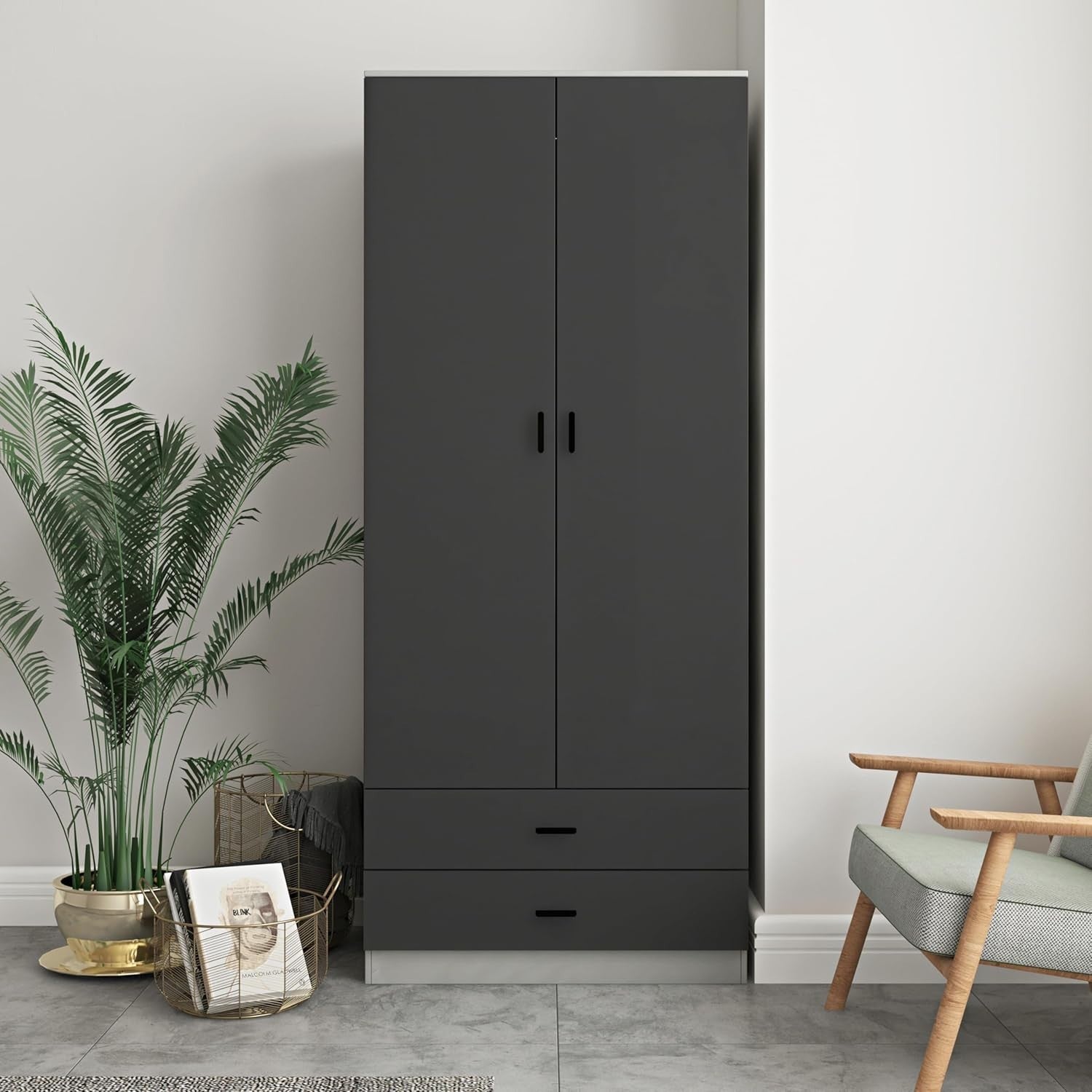 Tall Grey 2 Door Wardrobe with Black Drawers & Rail | Bedroom Storage