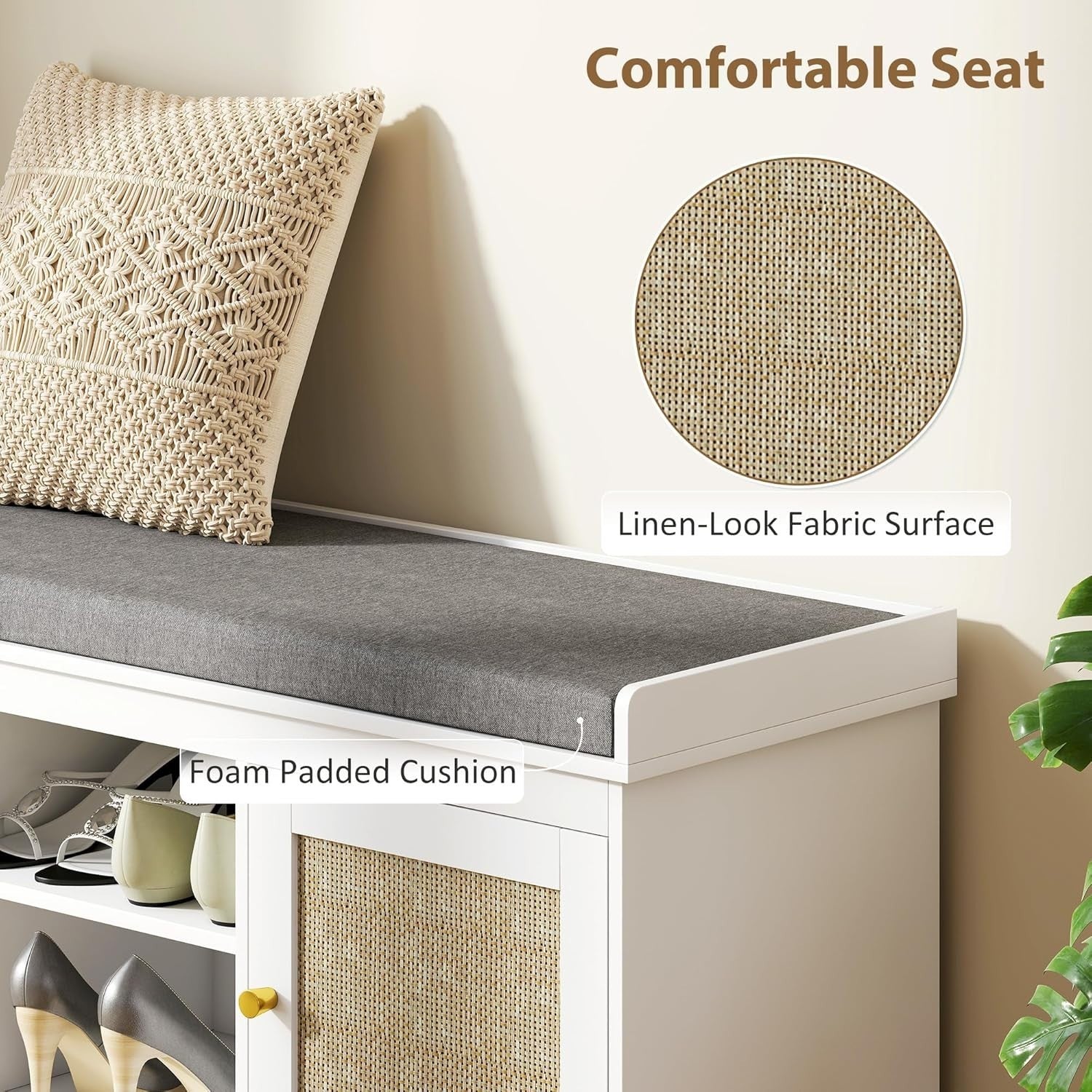 White Shoe Storage Bench with Cushion, Rattan Doors, 9 Pair Rack, Hallway Seat