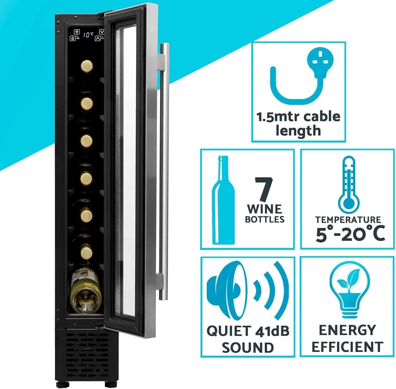 7 Bottle Slim Wine Cooler 15cm Fridge Touch Control LED Glass Door