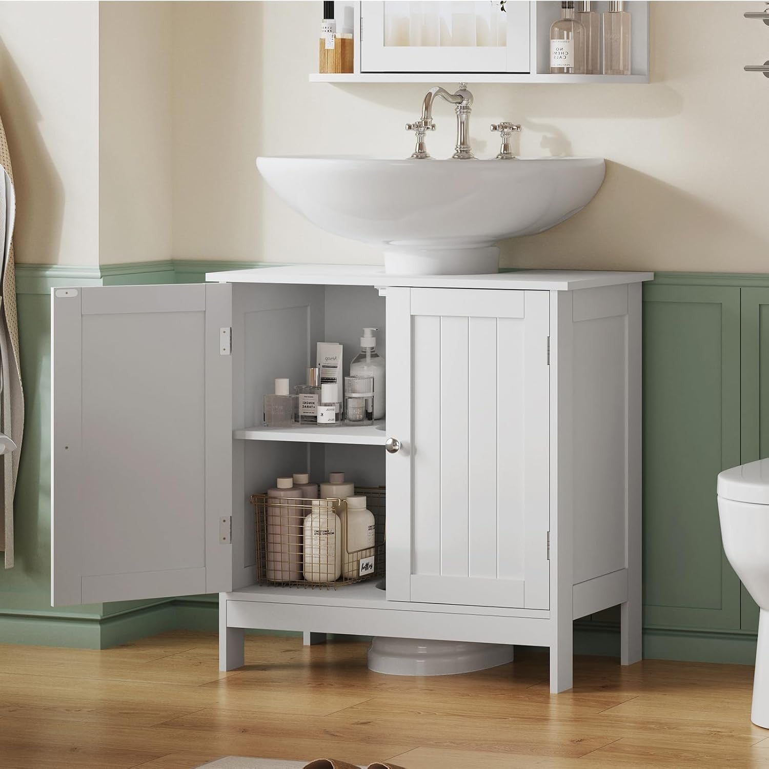 White Under Sink Bathroom Cabinet – 2 Door Vanity Unit with Shelf Storage
