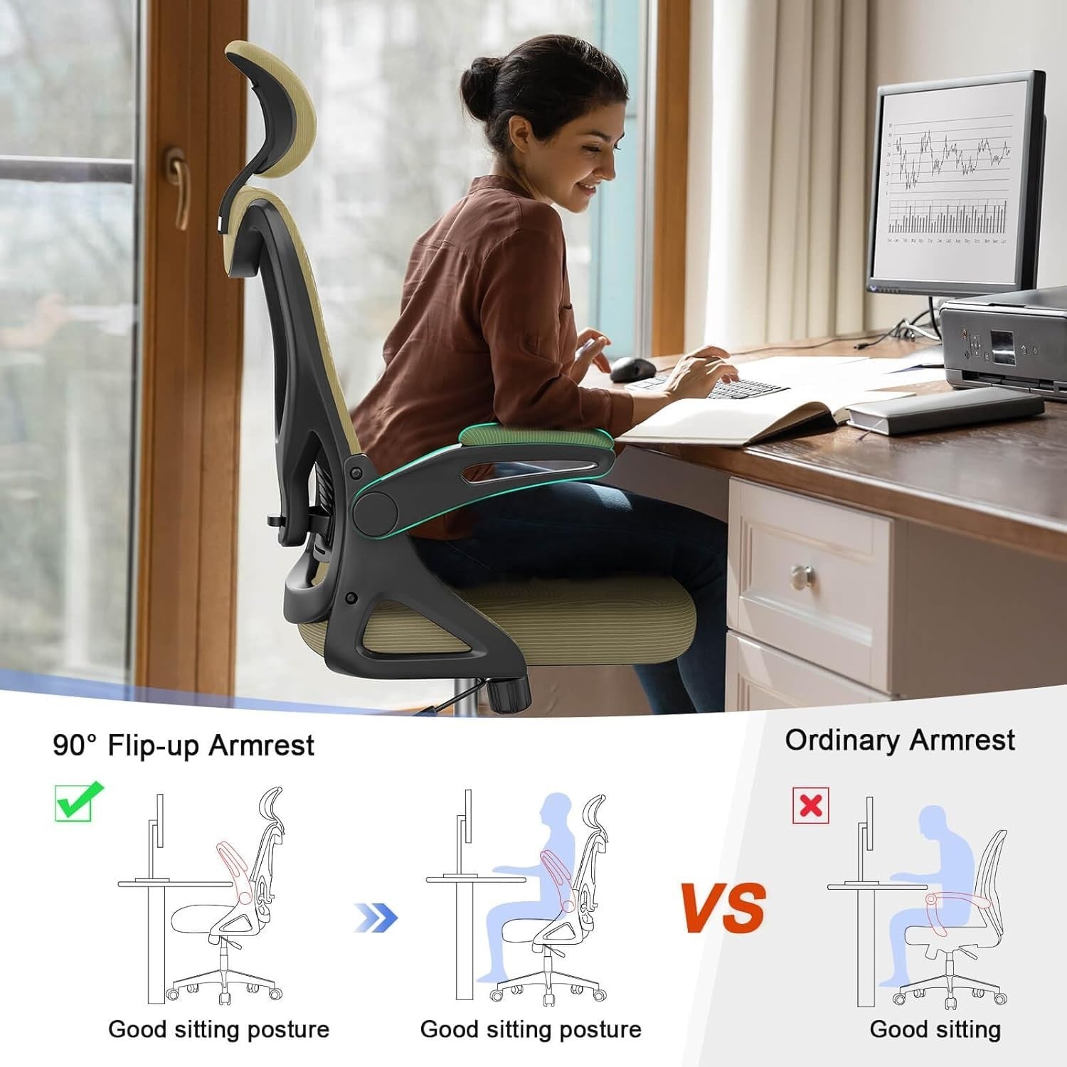Ergonomic Mesh Office Chair High Back Adjustable Lumbar Support Flip-Up Arms