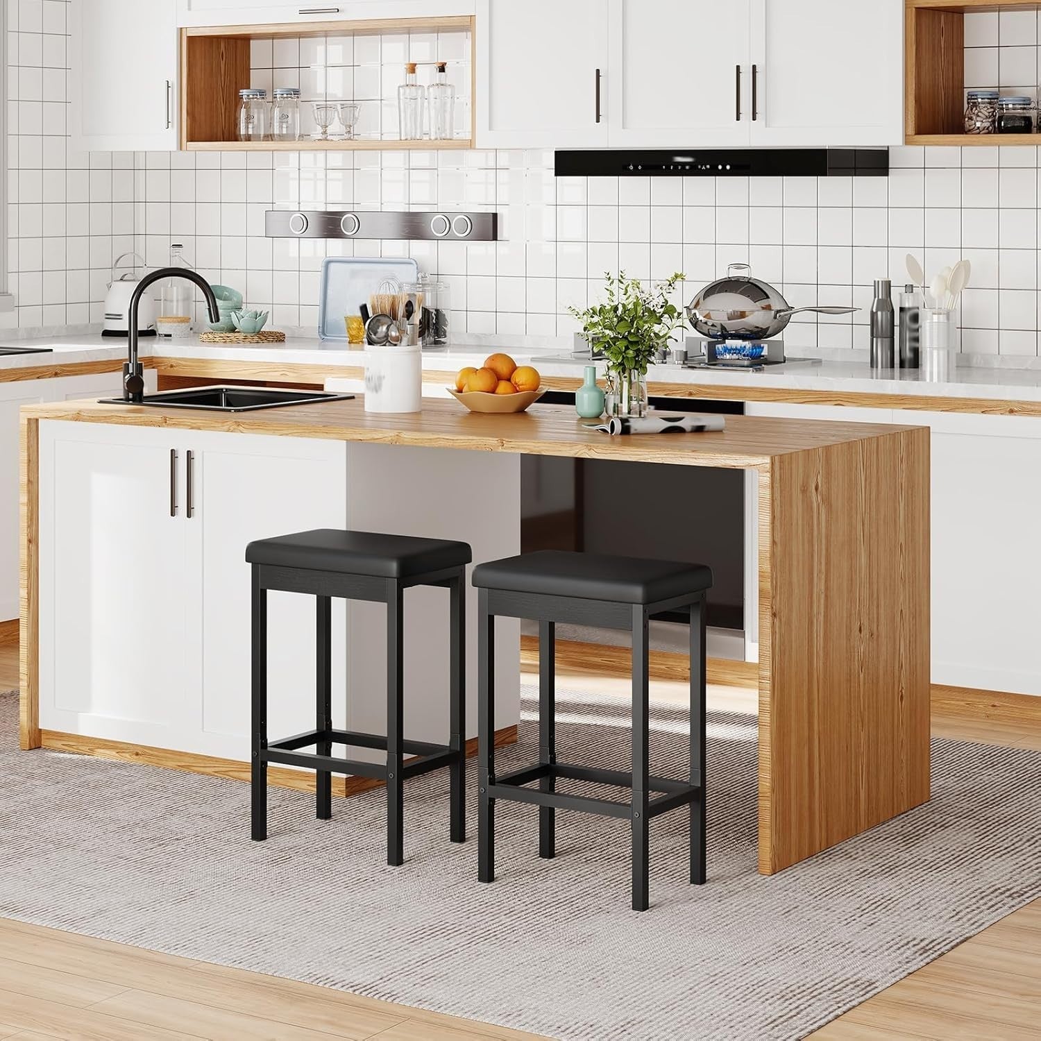 Black PU Leather Bar Stool Set 2 – 63cm High Kitchen & Breakfast Chairs