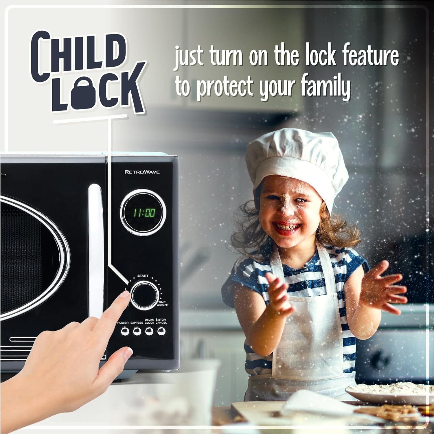 25L Retro Microwave 800W 12 Presets Digital Clock Black