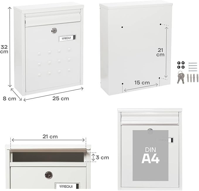Wall Mounted Lockable Mailbox A4 Size Steel Waterproof Slim Design White