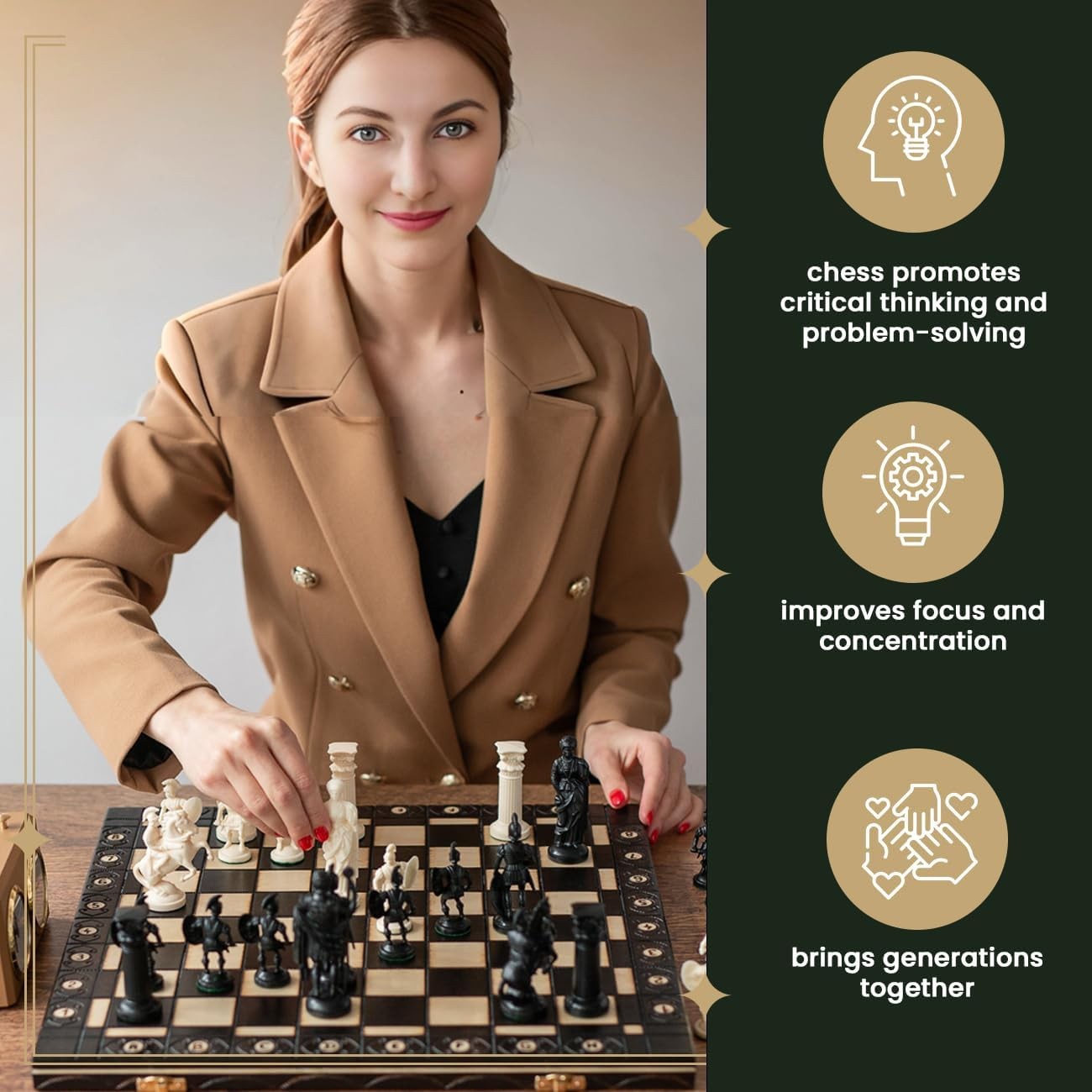 16" Spartan Medieval Chess Set Weighted Pieces & Engraved Folding Board