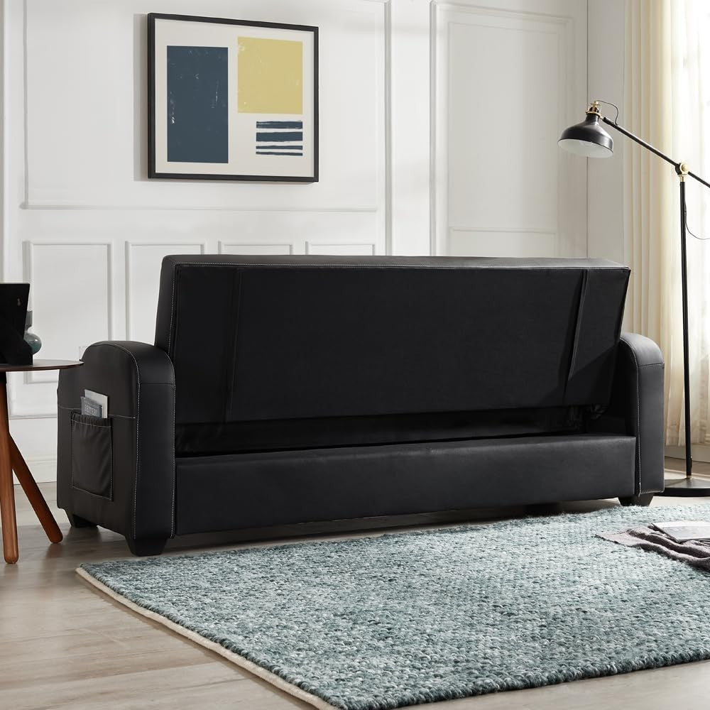Black Faux Leather Sofa Bed 3 Seater With Storage Cupholders Modern