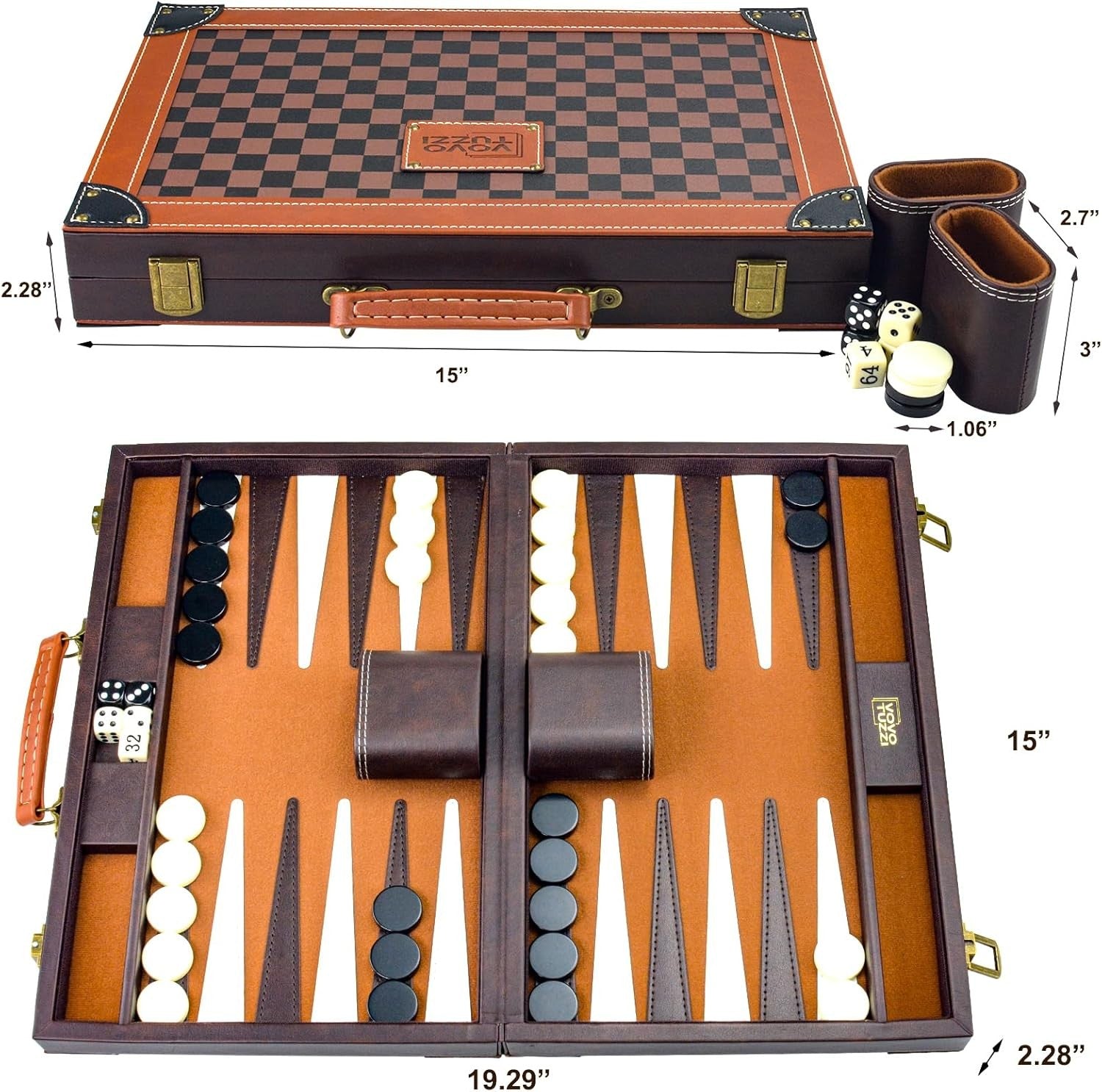 15” Leather Backgammon Set Travel Board Luxury Foldable Game for Adults