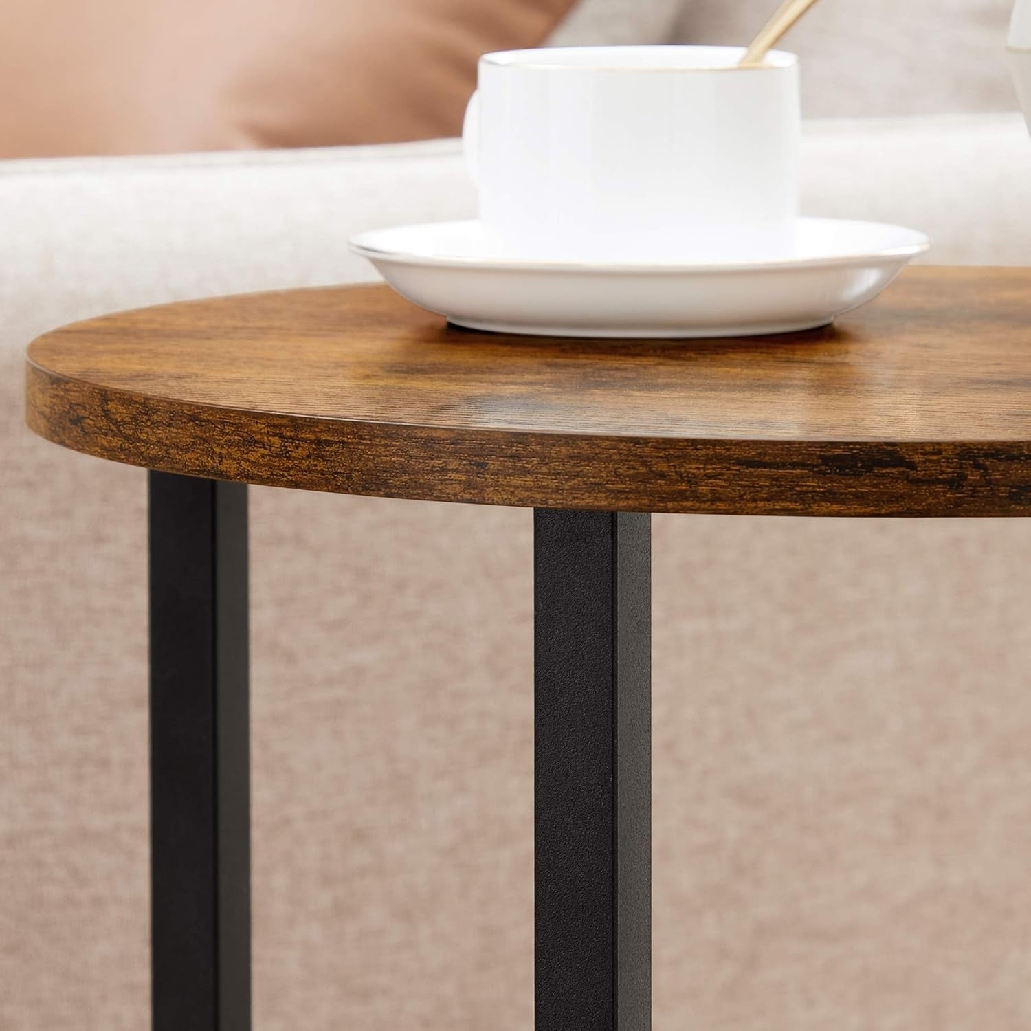 Round 3-Tier Side Table Rustic Brown Black Steel Frame Small Coffee End Table