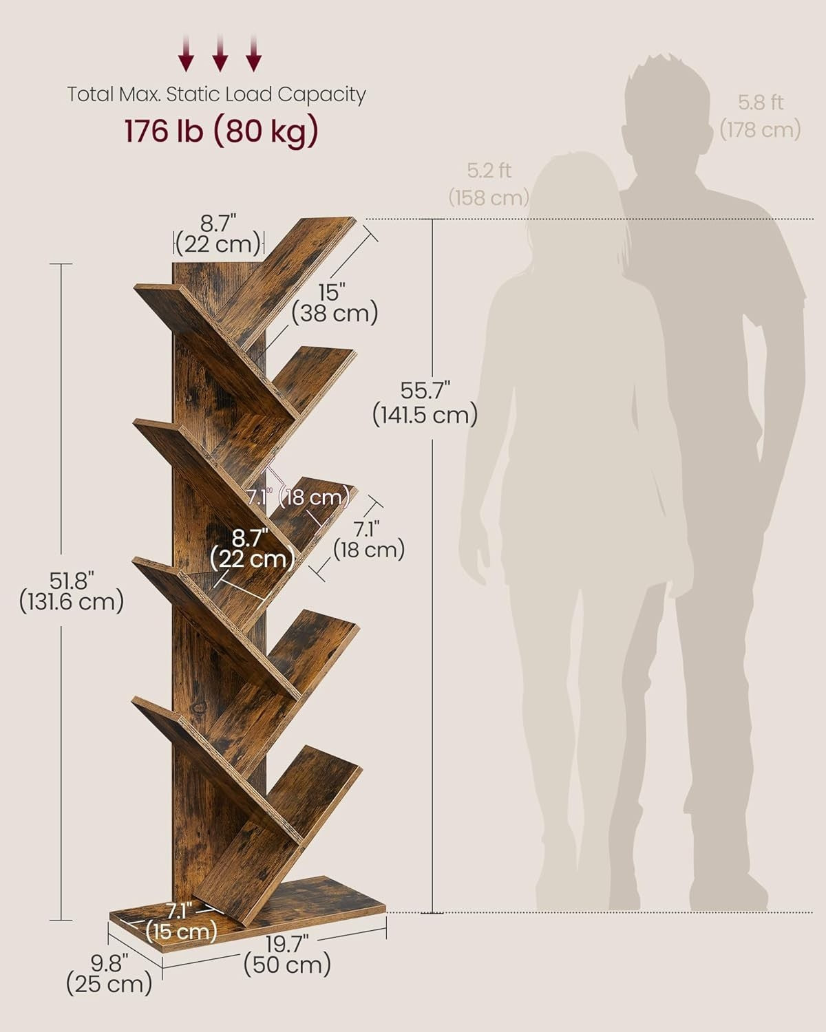 9 Tier Tree Bookshelf Rustic Brown Tall Space Saving Corner Bookcase 141cm