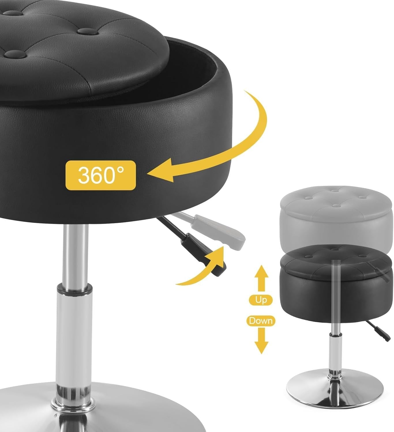 Black PU Leather Adjustable Vanity Chair – Round Swivel Makeup Stool w/ Storage